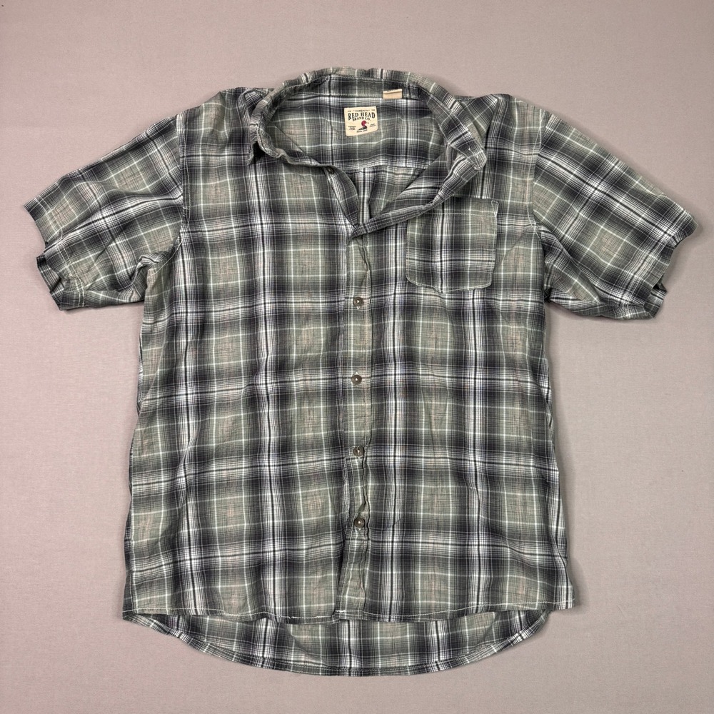 Red Head Brand Co Mens Large Green Black Plaid Short Sleeve Button Up Shirt